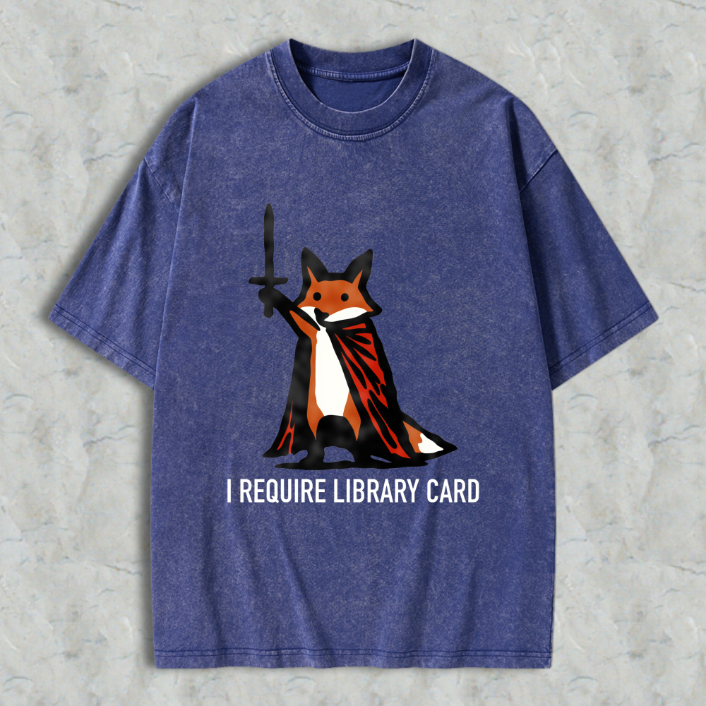 Wardrobecart Fox With Cape And Text I Require Library Card Unisex Washed T-shirt