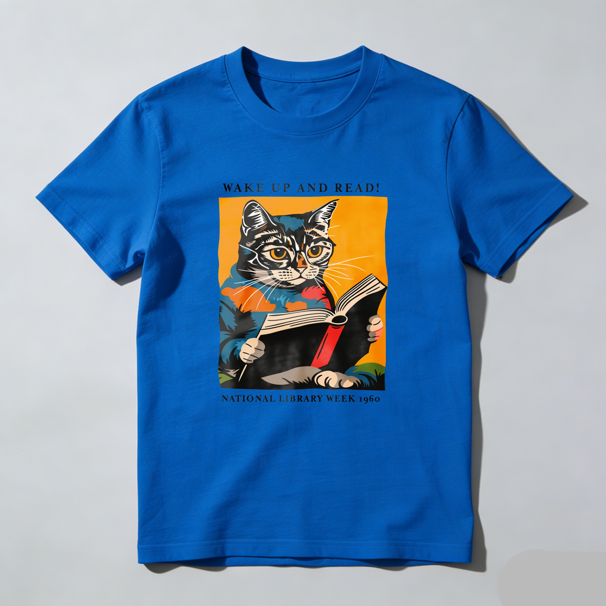 Wardrobecart Cat Reading Book With Text Wake Up And Read National Library Week 1960 Tshirt 100% cotton
