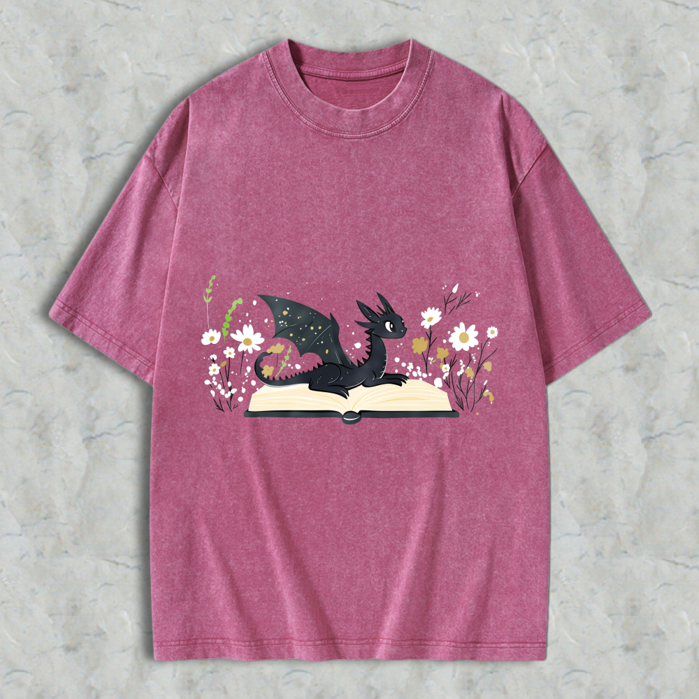 Wardrobecart Dragon Reading Book With Flowers Unisex Washed T-shirt