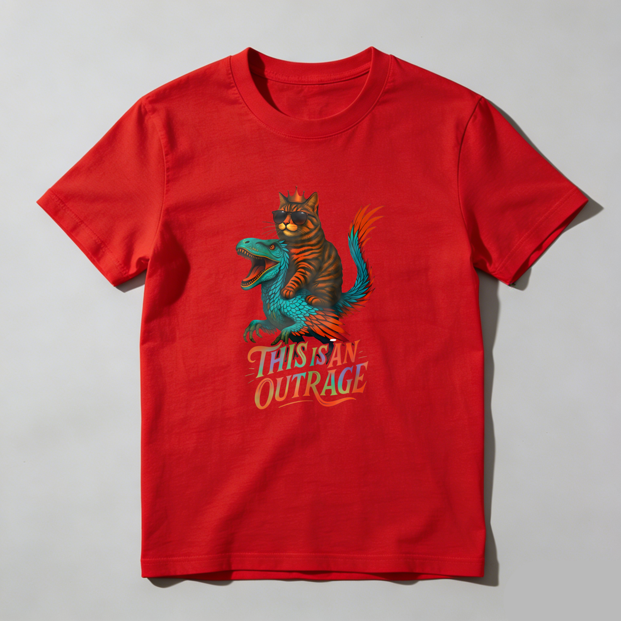 Wardrobecart Cat Riding Dinosaur This Is An Outrage Tshirt