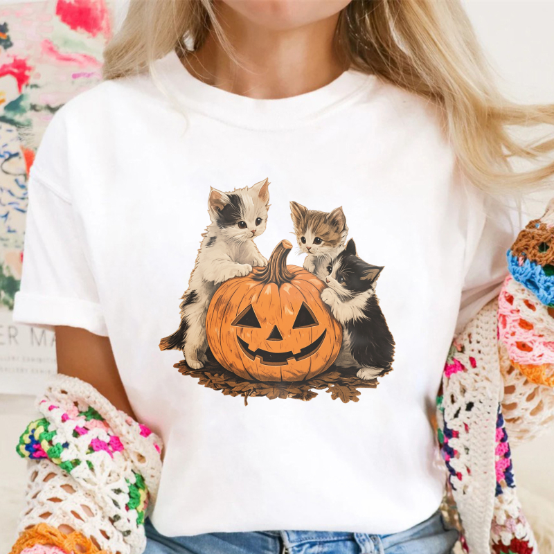 Three Kittens With Carved Halloween Pumpkin, Unisex Classic T-shirt