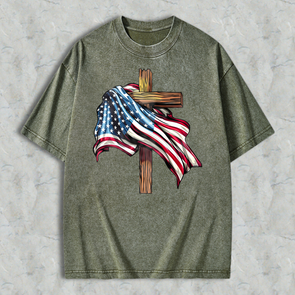 American Flag And Cross Design Washed T-shirt
