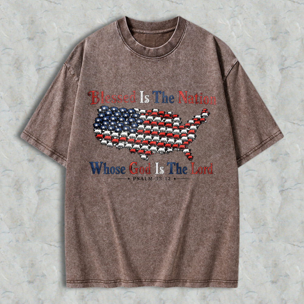 Blessed Is The Nation Whose God Is The Lord American Flag Map Design Washed T-shirt