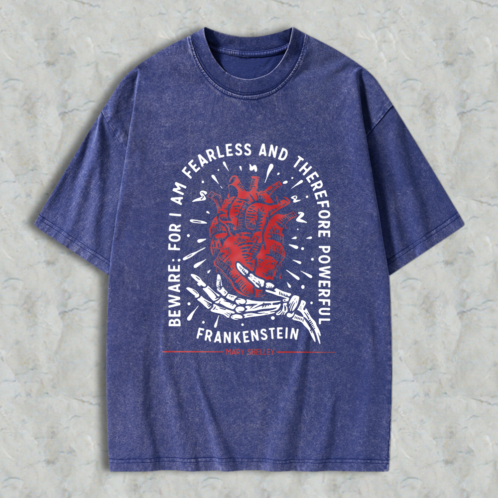 Wardrobecart Frankenstein Heart And Skeleton Hand Design With Quote From Mary Shelley Unisex Washed T-shirt