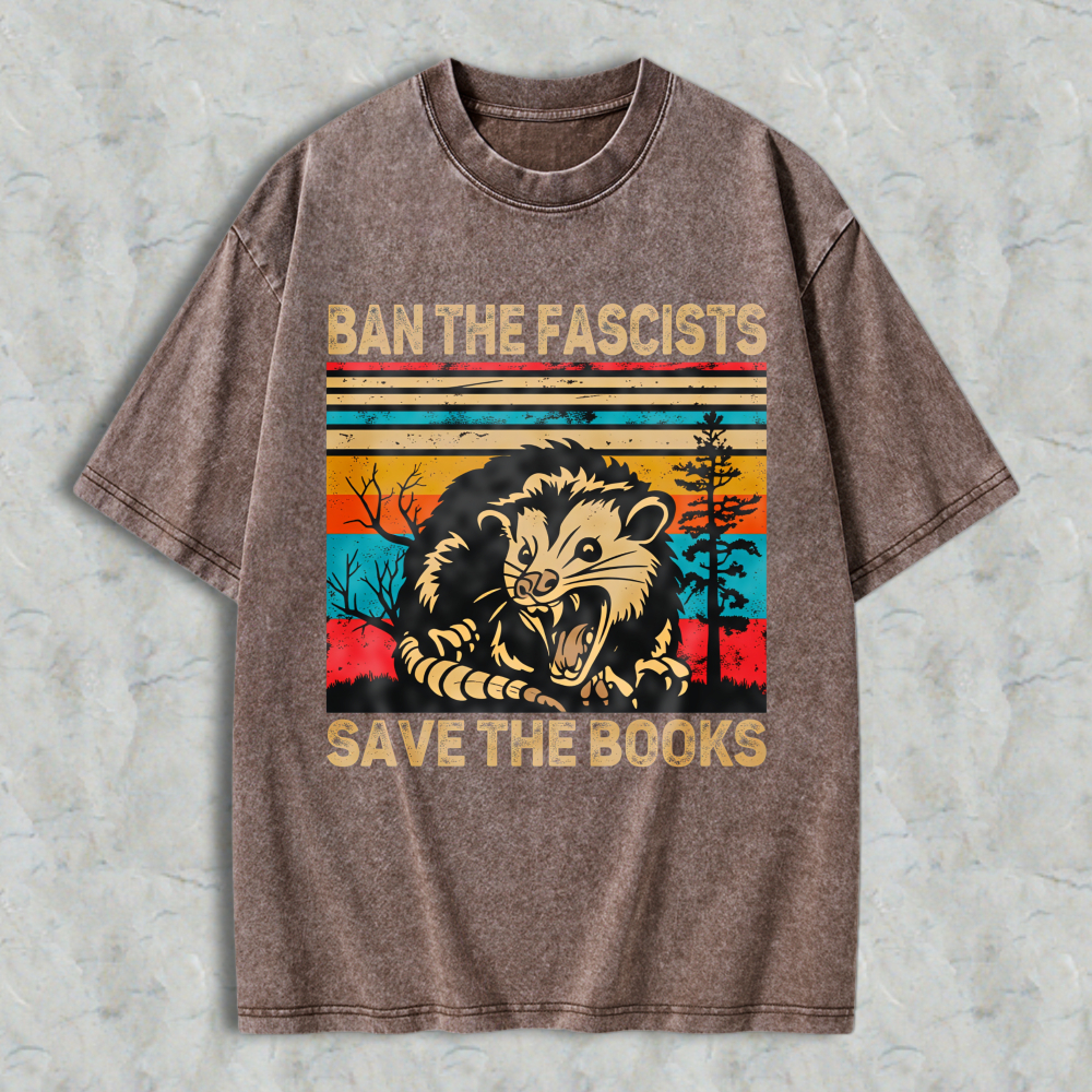 Wardrobecart Ban The Fascists Save The Books Opossum Vintage Design Unisex Washed T-shirt