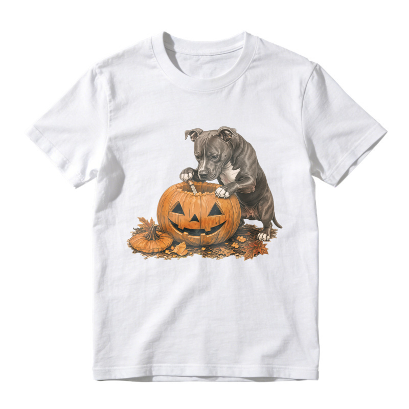 Pitbull Puppy With Jack O Lantern Pumpkin Halloween Autumn Leaves, Unisex Classic T-shirt