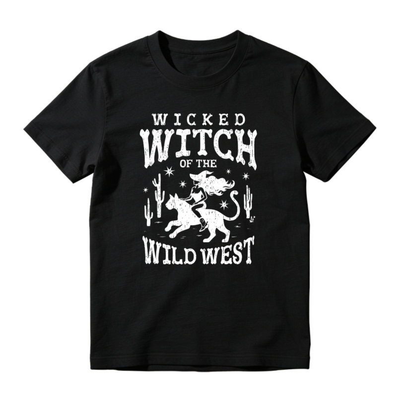 Wicked Witch Of The Wild West Halloween Cowboy Witch Riding Wolf Desert Cactus Graphic T-shirt