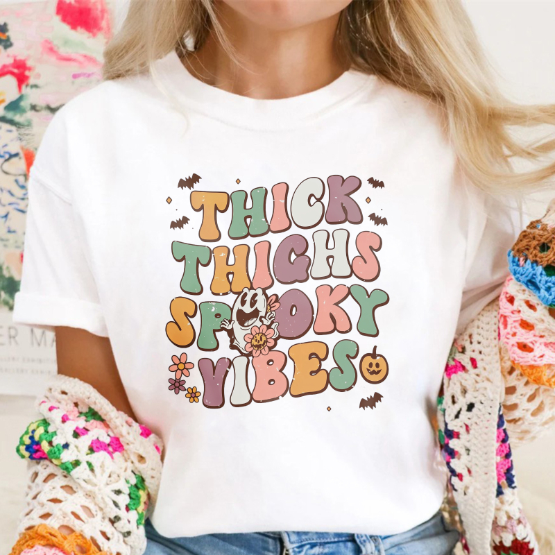 Thick Thighs Spooky Vibes Retro Halloween Ghost Pumpkin Bat Floral Graphic, Unisex Classic T-shirt