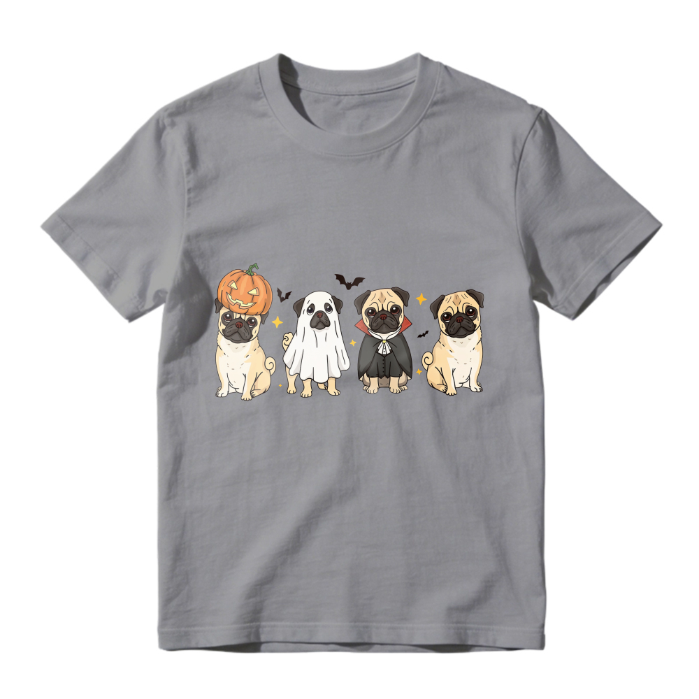 Halloween Pugs In Pumpkin Ghost And Vampire Costumes With Bats, Unisex Classic T-shirt