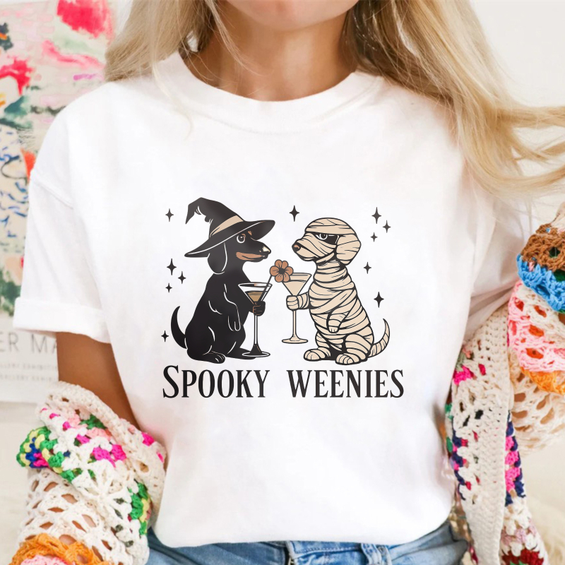 Spooky Weenies Halloween Witch And Mummy Dachshund Dogs Toasting, Unisex Classic T-shirt