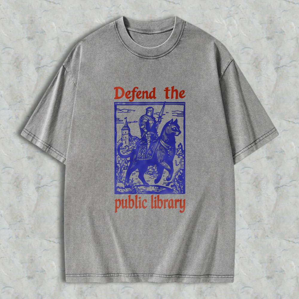 Wardrobecart Defend The Public Library Knight On Horseback With Castle Scene Unisex Washed T-shirt