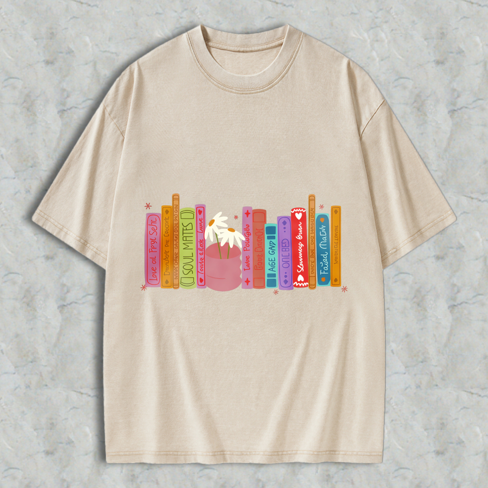 Wardrobecart Bookshelf With Palm Tree And Colorful Books Unisex Washed T-shirt