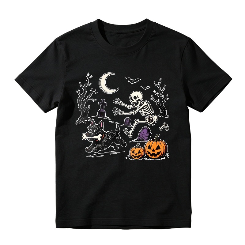 Halloween Skeleton Running With Black Dog And Pumpkins Graveyard Scene, Unisex Classic T-shirt