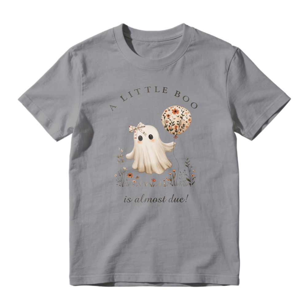 Cute Ghost Holding Floral Balloon A Little Boo Is Almost Due Halloween Pregnancy Announcement Unisex Classic T-shirt