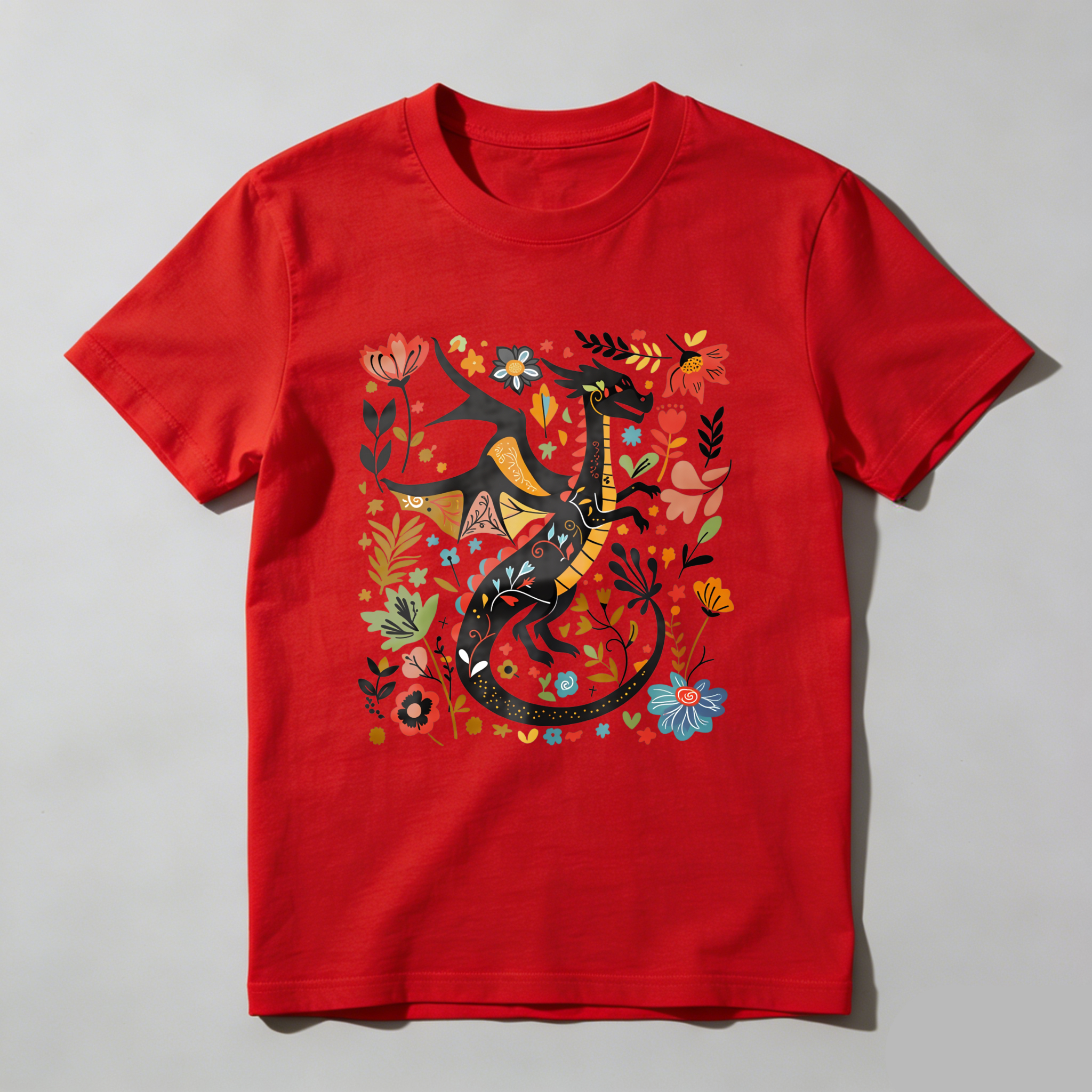 Wardrobecart Colorful Dragon Floral Pattern Design Tshirt