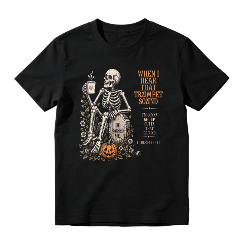 Skeleton Sitting On Tombstone With Coffee Cup And Pumpkin Halloween Humor Unisex Classic T Shirt