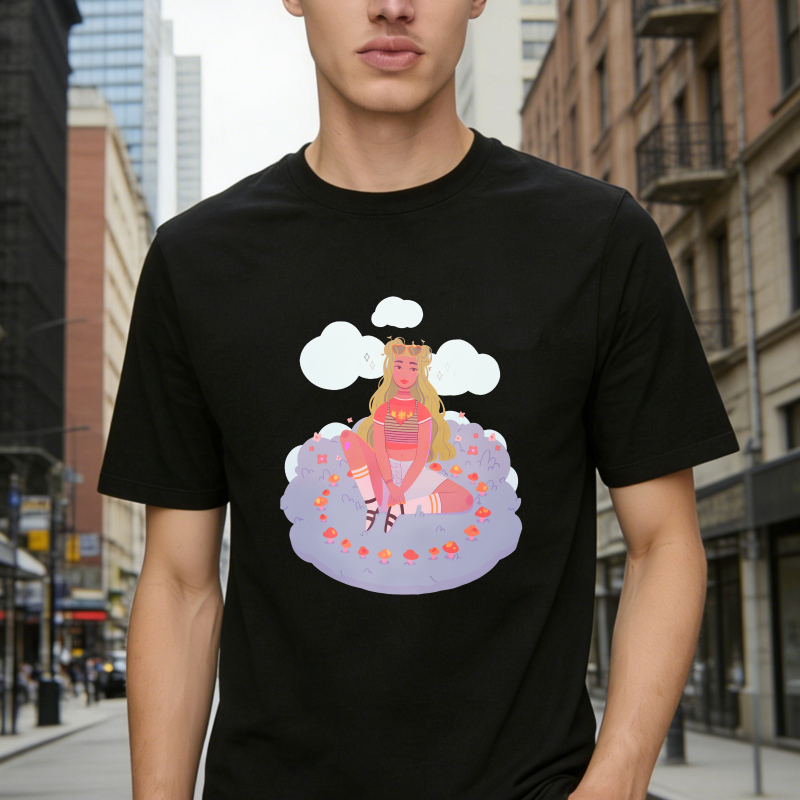 Cartoon Girl Sitting On Cloud With Flowers And Stars, Unisex Classic T-shirt