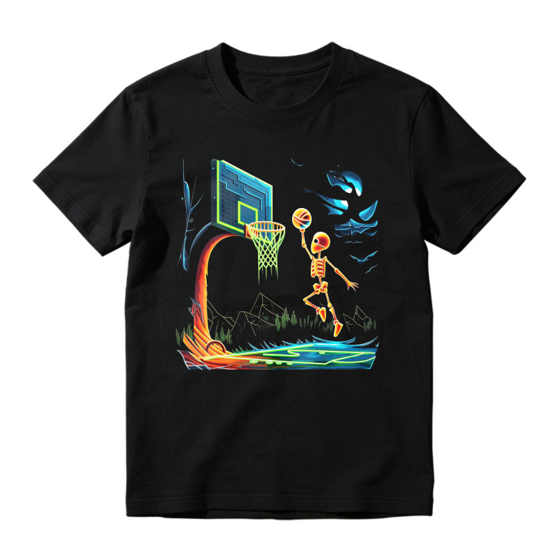 Skeleton Basketball Player Dunking Ball With Neon Hoop And Moon Unisex Classic T-shirt