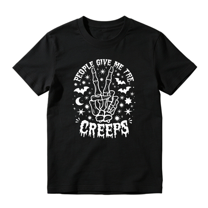 Skeleton Hand Peace Sign, Bats, Stars, Moon, People Give Me The Creeps Text, Unisex Classic T-shirt