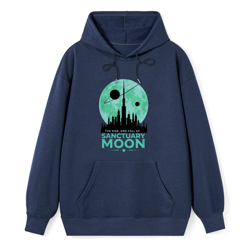 Wardrobecart Sanctuary Moon Cityscape With Planet And Text The Rise And Fall Of Sanctuary Moon Unisex Classic Hoodie