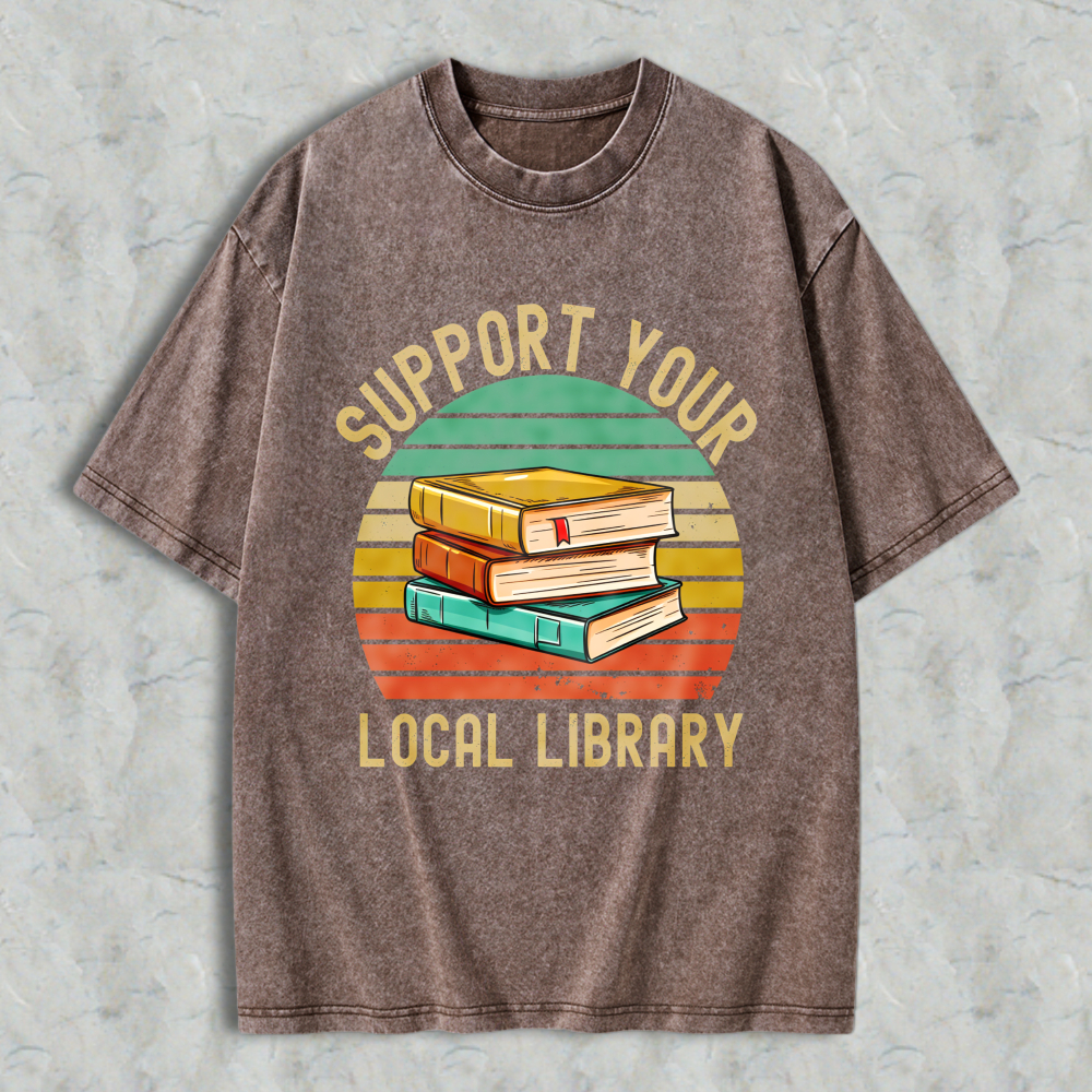Wardrobecart Support Your Local Library Books Stack Vintage Design Unisex Washed T-shirt