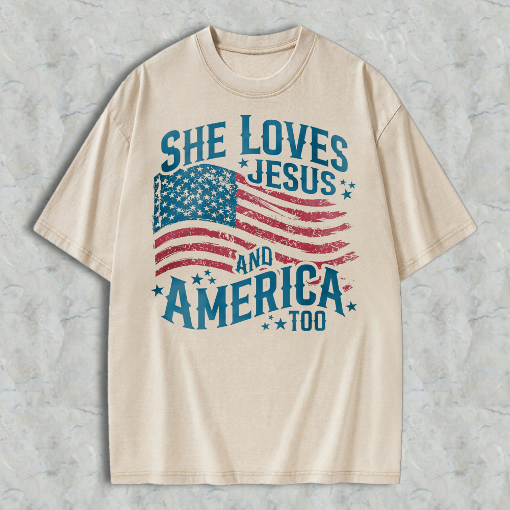 She Loves Jesus And America Too American Flag Design Washed T-shirt