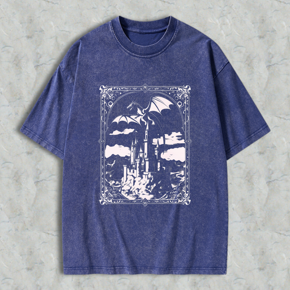 Wardrobecart Fantasy Castle Dragon Sky Scene Unisex Washed T-shirt