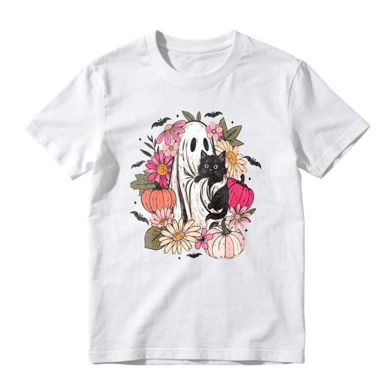 Cute Ghost And Black Cat With Autumn Flowers And Pumpkins Halloween Design, Unisex Classic T-shirt