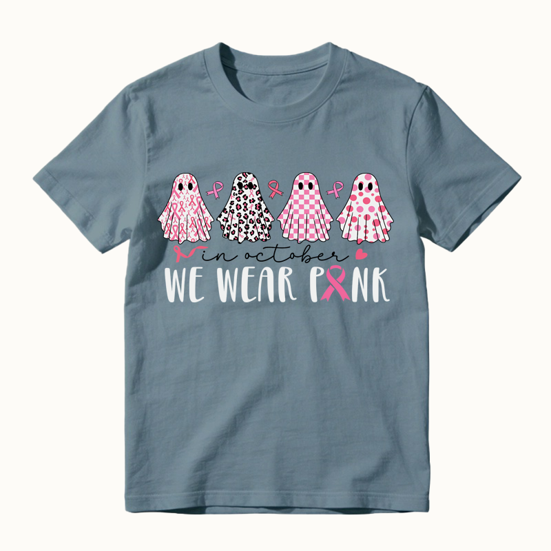 In October We Wear Pink Ghost T-Shirt, Breast Cancer Awareness Shirt, Cancer Fighter Tee