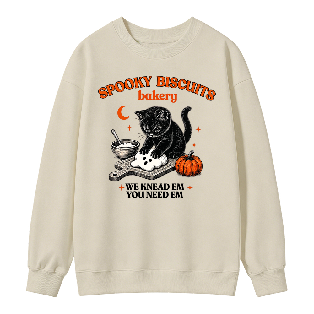 🎃💀Vintage Black Cat Baking Halloween Kitty Biscuits Sweatshirt, Spooky Season Pumpkin Pullover