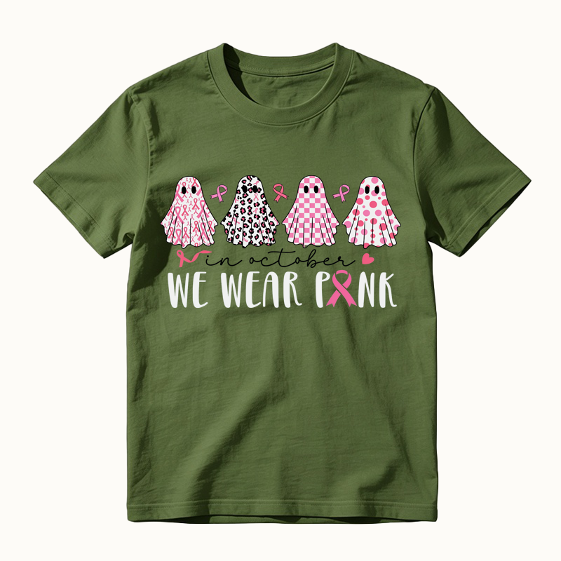 In October We Wear Pink Ghost T-Shirt, Breast Cancer Awareness Shirt, Cancer Fighter Tee