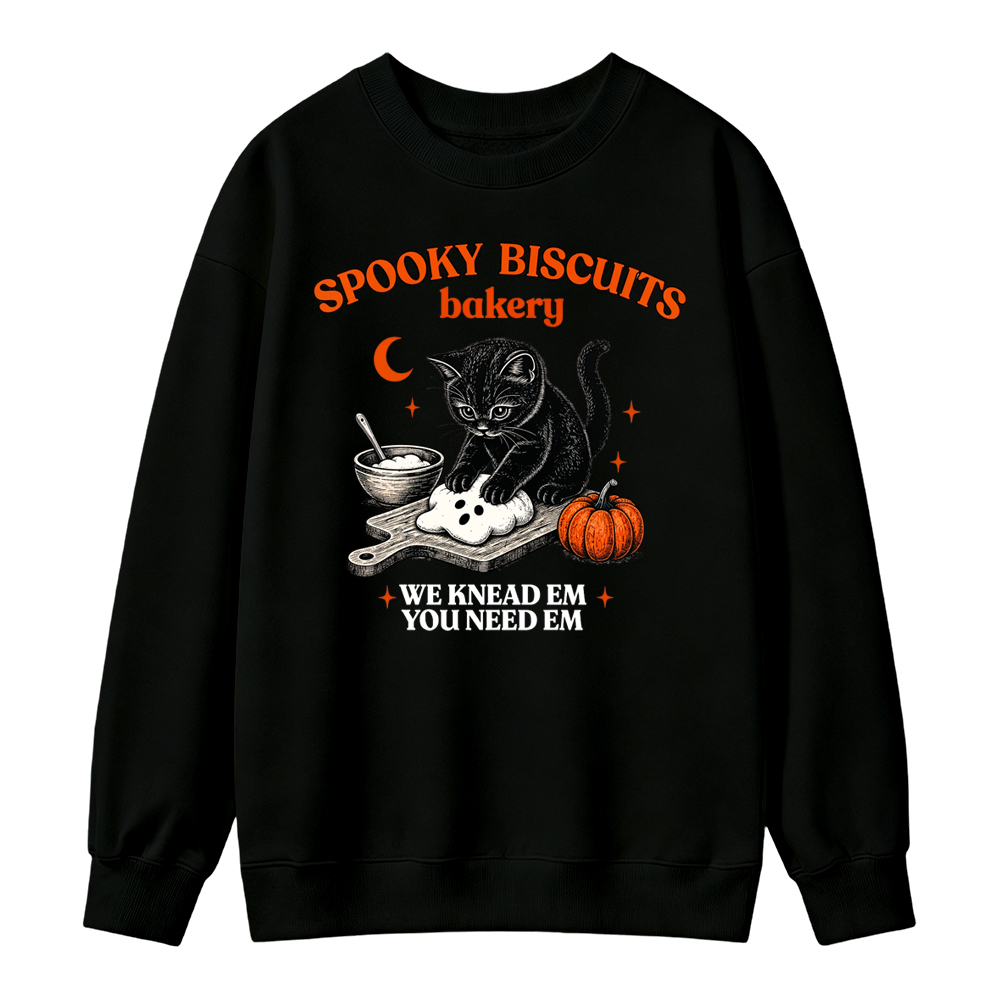🎃💀Vintage Black Cat Baking Halloween Kitty Biscuits Sweatshirt, Spooky Season Pumpkin Pullover