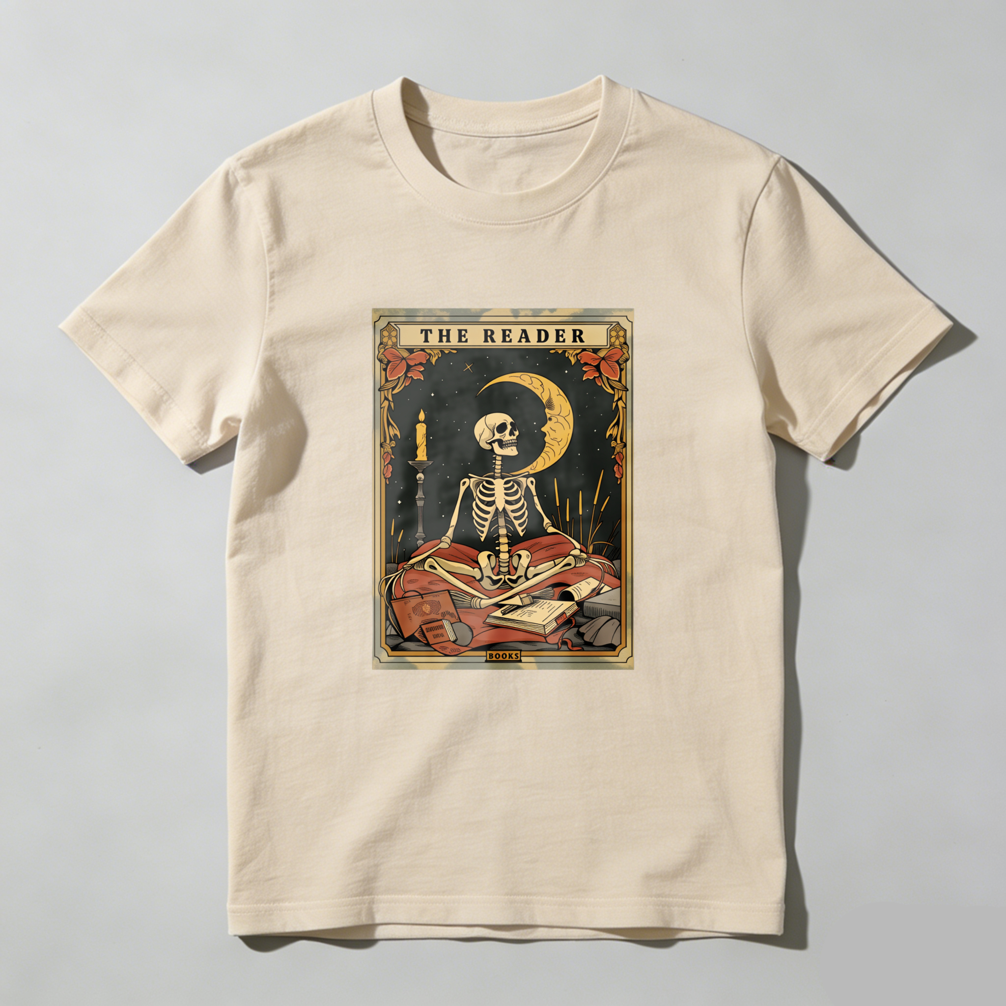 Wardrobecart The Reader Skeleton Tarot Card Design tshirt