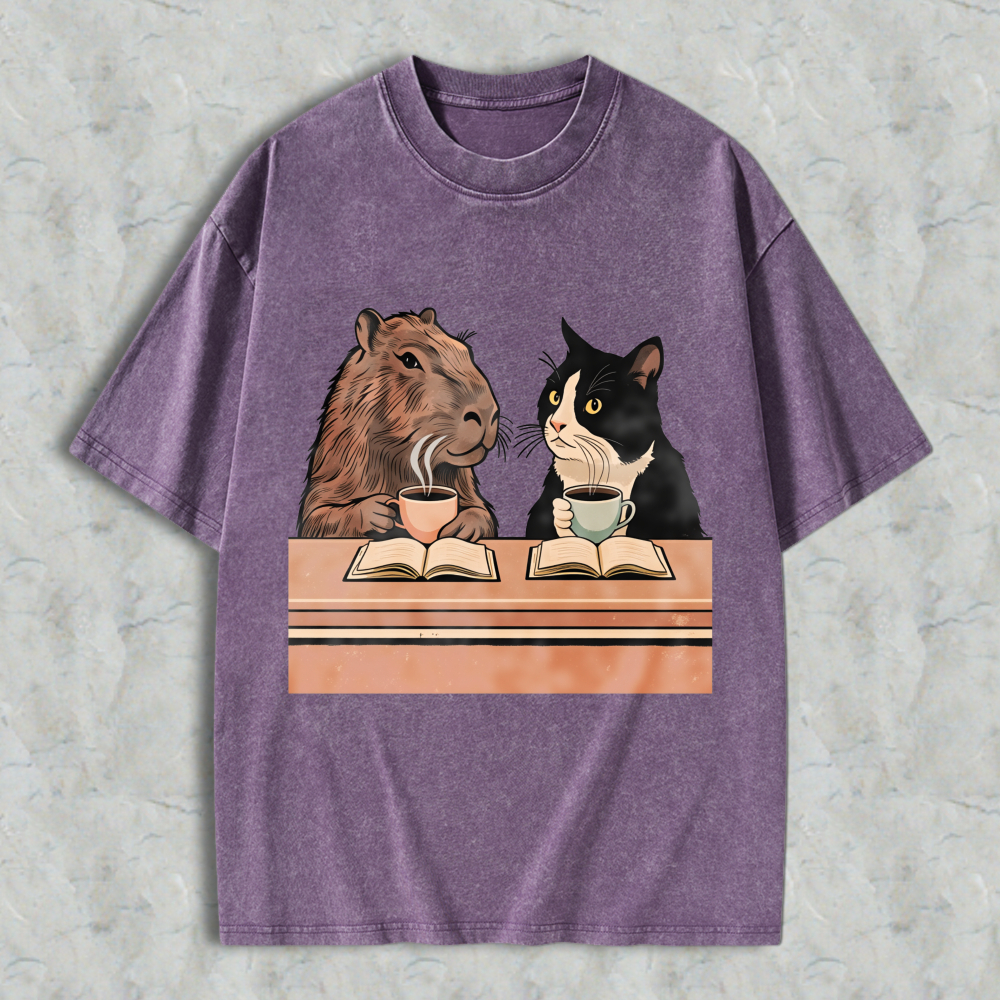 Wardrobecart Capybara And Cat Reading Books With Tea Unisex Washed T-shirt
