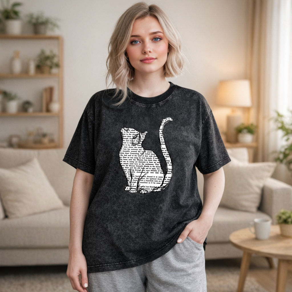 Wardrobecart Cat Silhouette With Text Pattern Unisex Washed T-shirt
