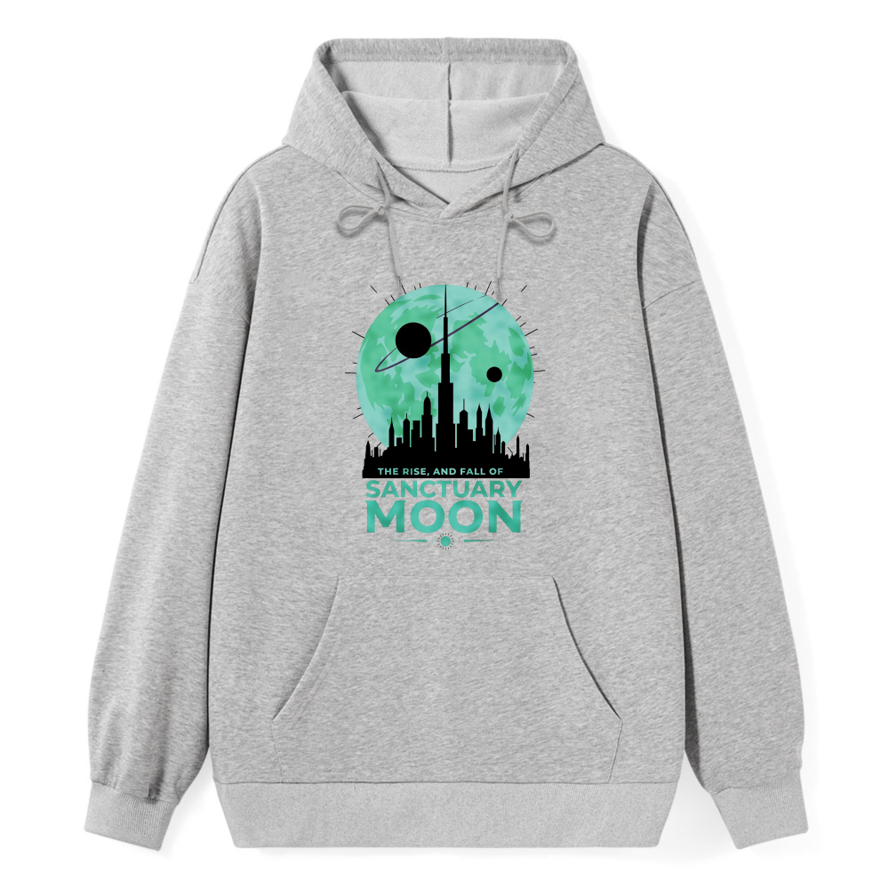 Wardrobecart Sanctuary Moon Cityscape With Planet And Text The Rise And Fall Of Sanctuary Moon Unisex Classic Hoodie