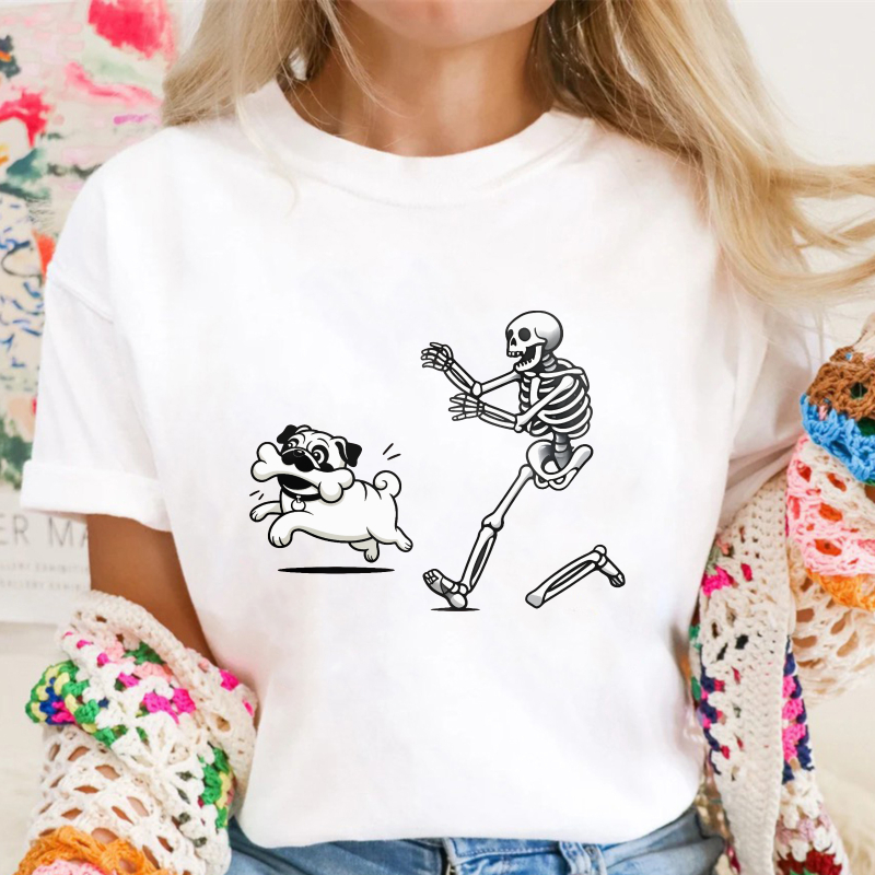 Funny Skeleton Running Away From Pug Dog, Unisex Classic T-shirt