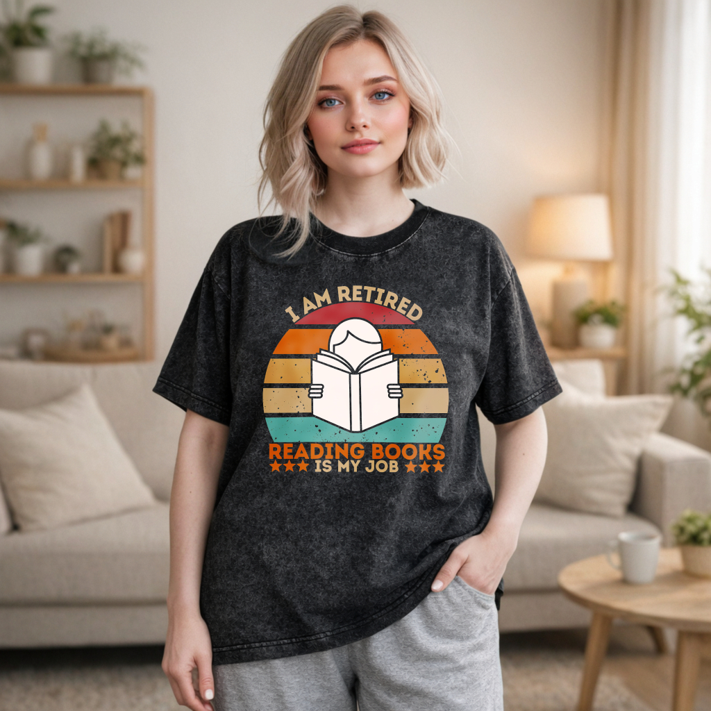 Wardrobecart I Am Retired Reading Books Is My Job Vintage Sunburst Design Unisex Washed T-shirt