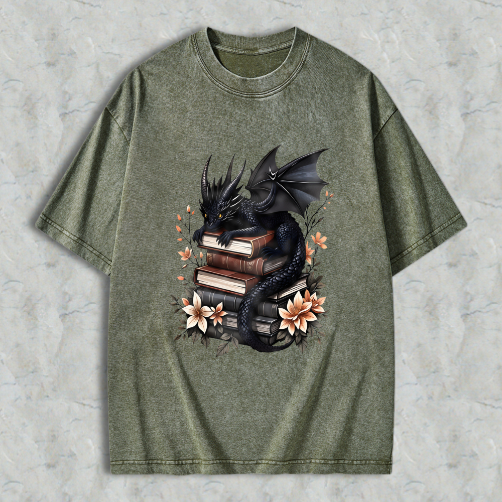 Wardrobecart Dragon With Books And Flowers Unisex Washed T-shirt