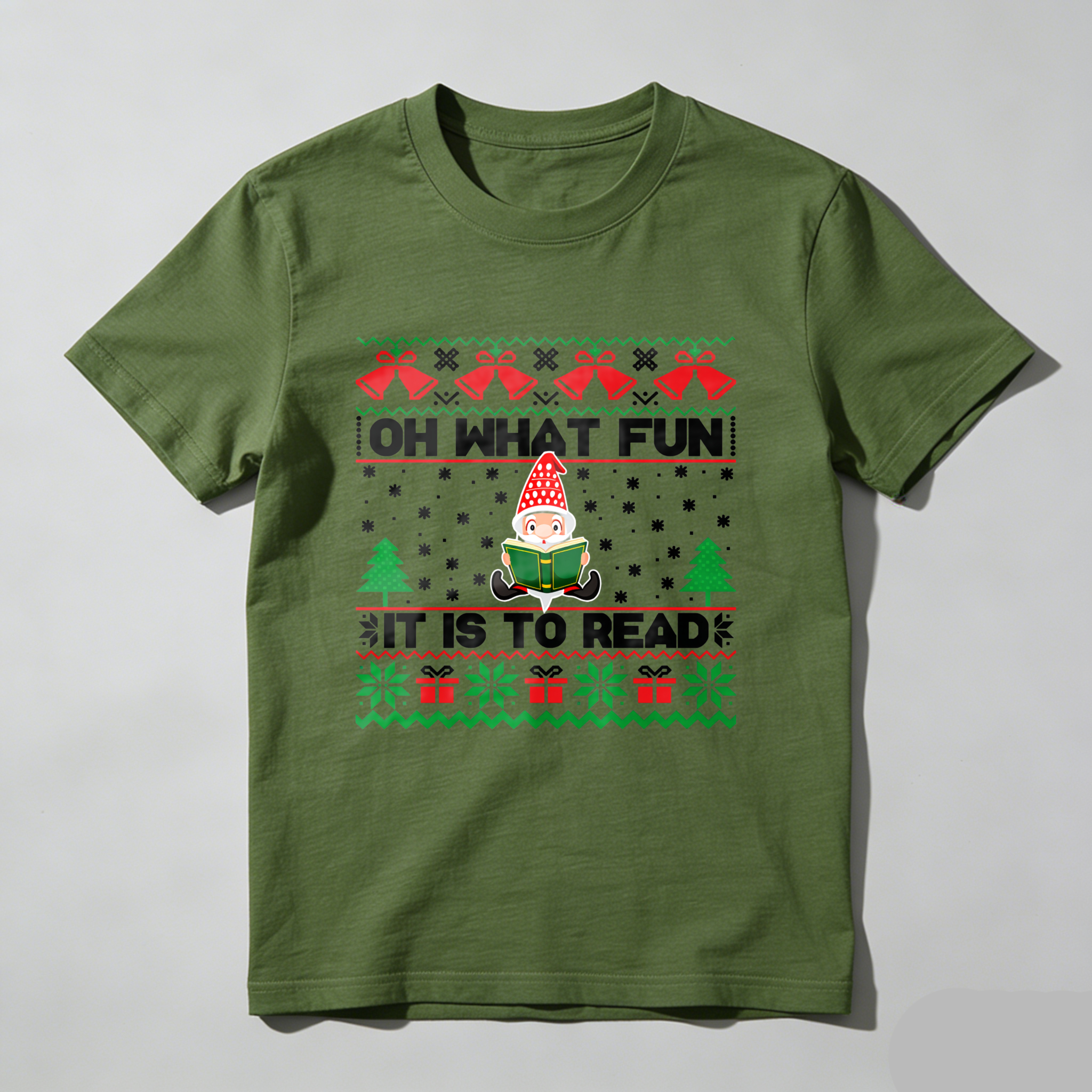 Wardrobecart Elf Reading Book Christmas Pattern Tshirt