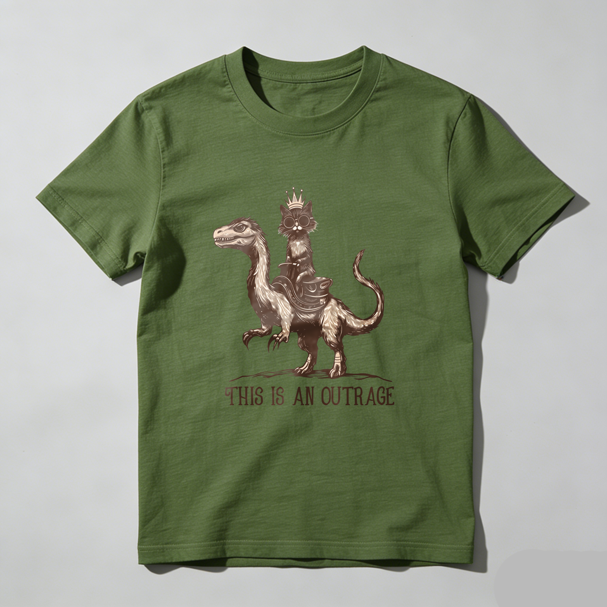 Wardrobecart Cat King Riding Dinosaur This Is An Outrage tshirt