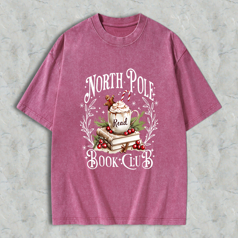 Wardrobecart North Pole Book Club Christmas Reading Theme With Mug Books And Holly Unisex Washed T-shirt