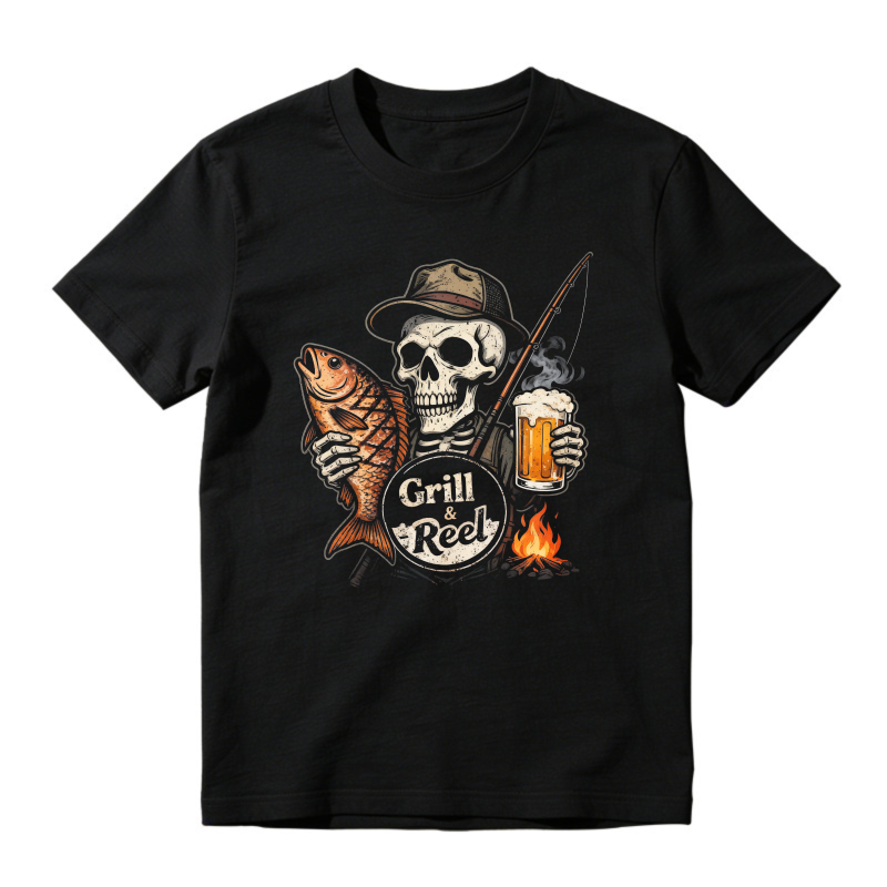 Skull Holding Fish And Beer With Fishing Rod And Fire Grill Reel Graphic Unisex Classic T-shirt