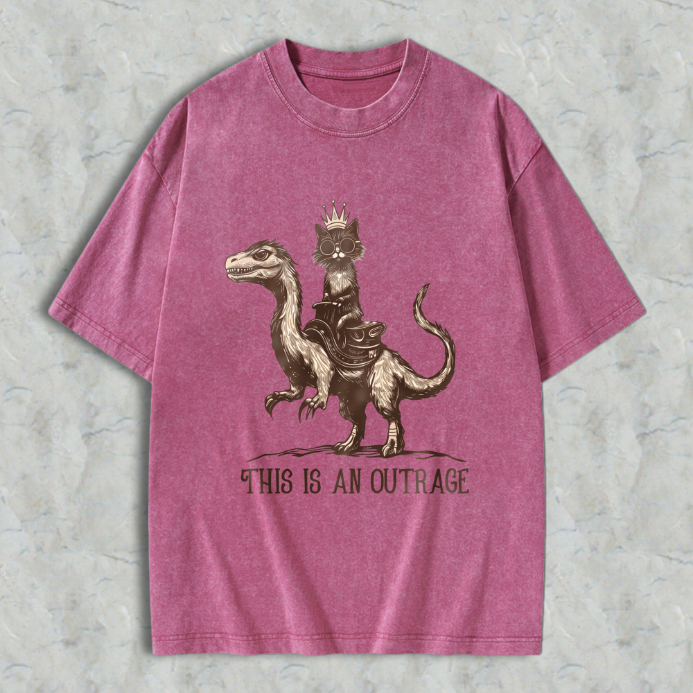 Wardrobecart Cat Riding Dinosaur With Crown And Text This Is An Outrage Unisex Washed T-shirt