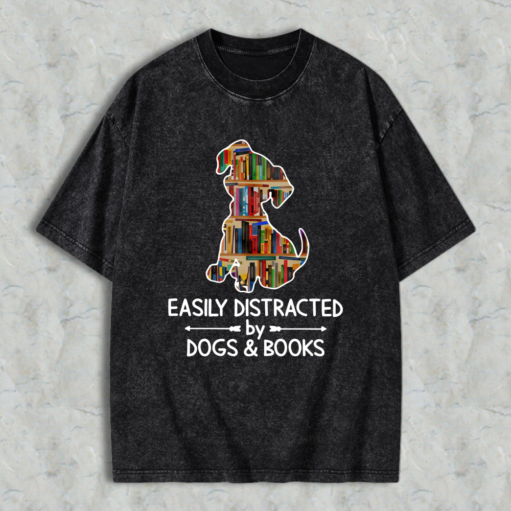 Wardrobecart Dog And Books Pattern Easily Distracted By Dogs And Books Unisex Washed T-shirt