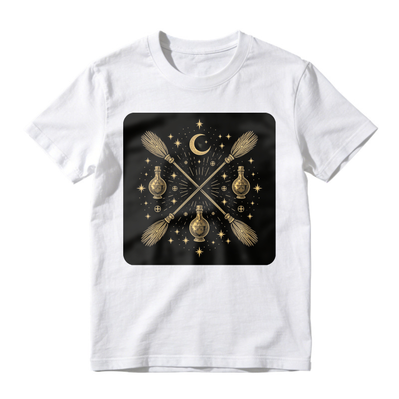 Crossed Brooms And Potion Bottles With Moon And Stars Magic Design, Unisex Classic T-shirt
