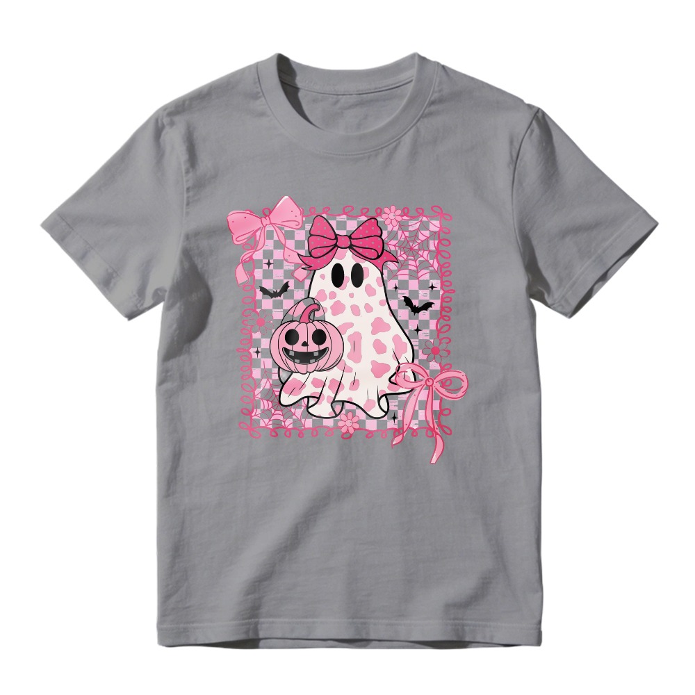 Cute Pink Ghost Holding Pumpkin With Bows And Bats Halloween Design, Unisex Classic T-shirt
