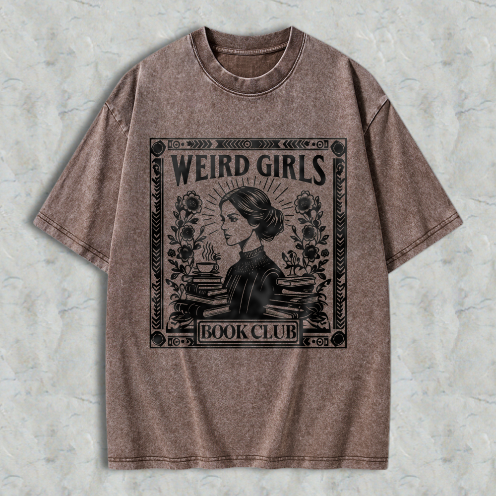 Wardrobecart Weird Girls Book Club Vintage Style Woman Reading With Books And Coffee Unisex Washed T-shirt