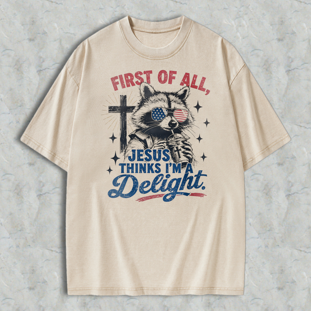 Cat With American Flag Eyes And Cross First Of All Jesus Thinks I M Delight Washed T-shirt