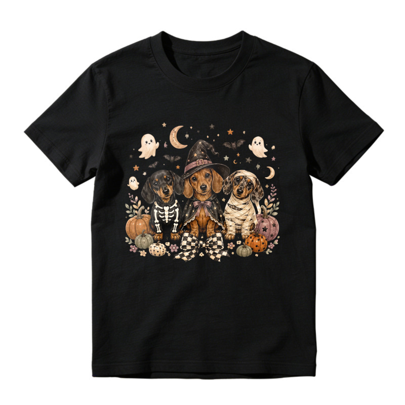 Halloween Dachshund Puppies In Costumes With Pumpkins And Ghosts, Unisex Classic T-shirt